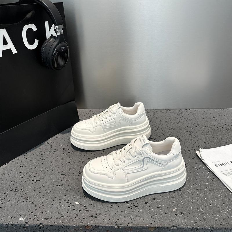 Autumn Thick-soled Lace-up Leather Little White Shoes Women's Round Head Casual Shoes Women's Thick-soled Inner Height-increasing Student Shoes