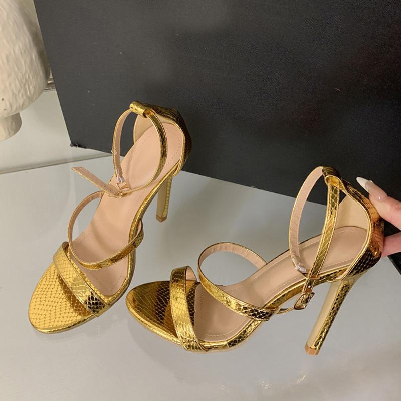 Fashion Liyke Gold Snake Print Leather Ankle Strap Sandals Women Summer Fashion Open Toe Gladiator High Heels Party Dress Shoes Size 42