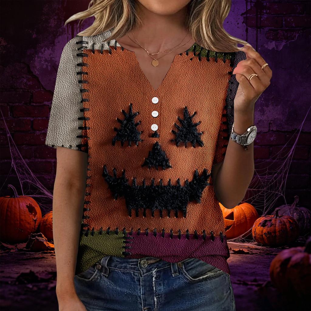 Women’s Fashion Casual Halloween Print V Neck Short Sleeve Decorative Button T Shirt Top for Autumn Daily Wear