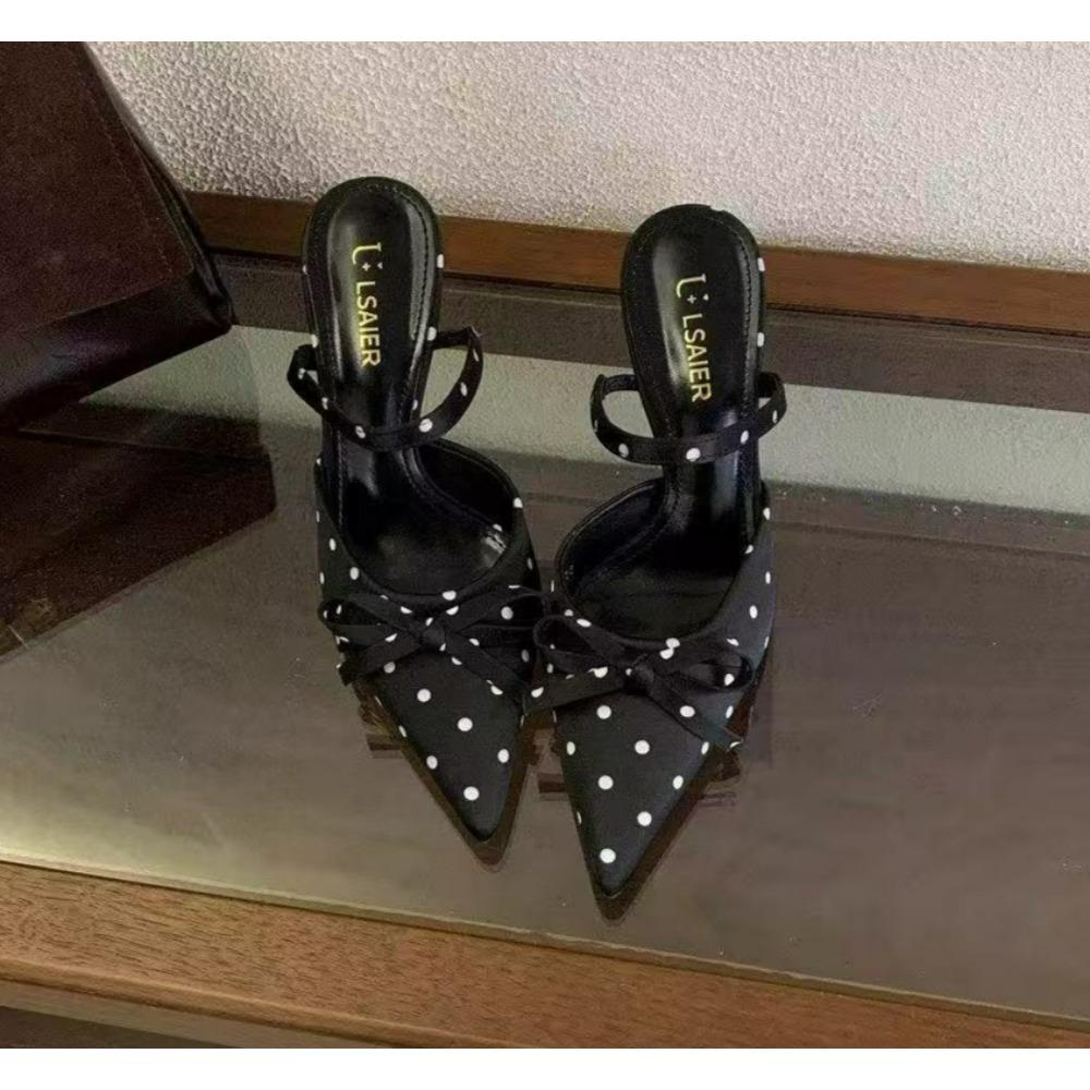 Neue Süße Polka Dot Spitz Hohe Absatzschuhe für Damen, Stiletto-Absatz mit Schleife und Riemchen-Sandale mit offenem Rücken und Zehen