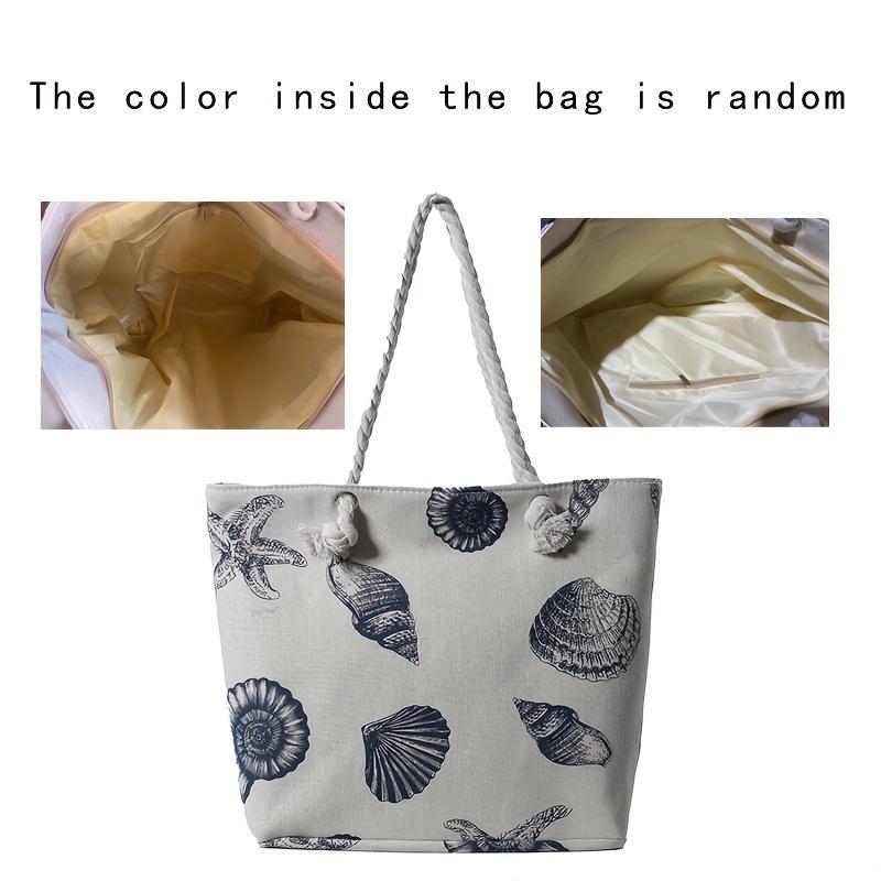 Shell Pattern Canvas Tote Bag, Marine Life Pattern Travel Beach Bag, Lightweight Summer Vacation