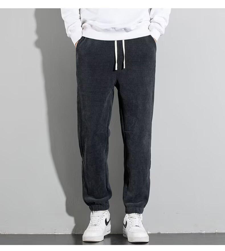 Men's Fleece-Lined Corduroy Joggers: Autumn/Winter Elastic Waist Casual Pants, Korean-Style Trendy and Versatile.