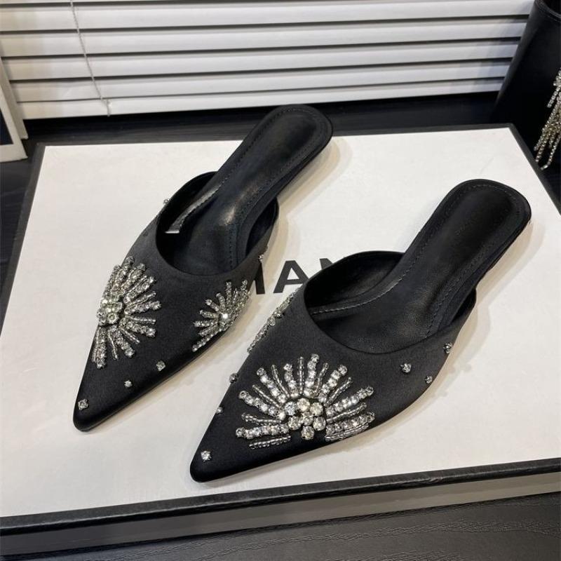 

Модные хрустальные туфли-шлепанцы на каблуке для женщин, туфли с острым носком, элегантные босоножки на каблуке, летние шлепанцы для вечеринок 2025, новая роскошная женская обувь 35 чёрный