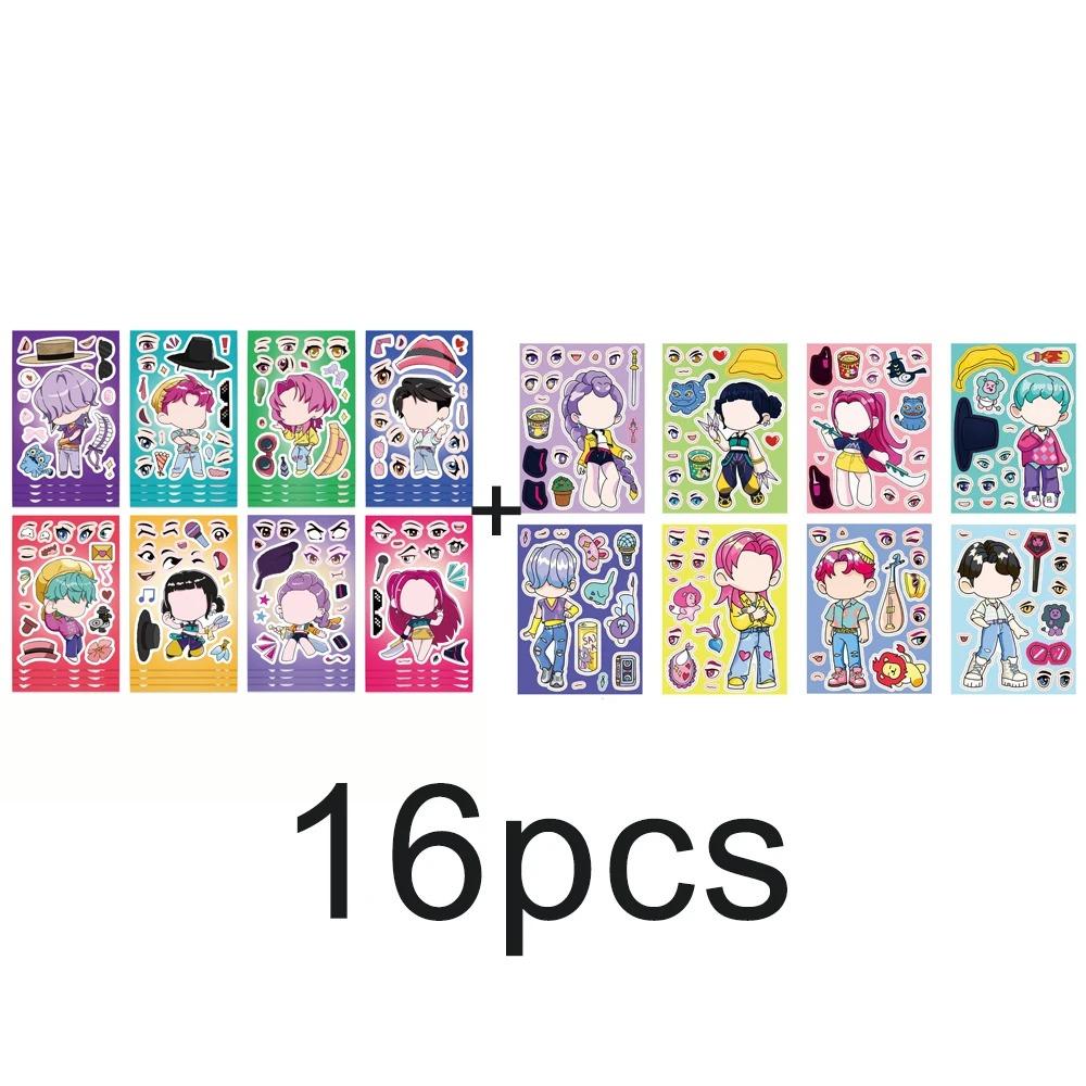 S New 8/16/24Pcs Cute KPop Demon Hunters Puzzle Stickers Make a Face Cartoon For DIY Phone Laptop Luggage Graffiti Decals