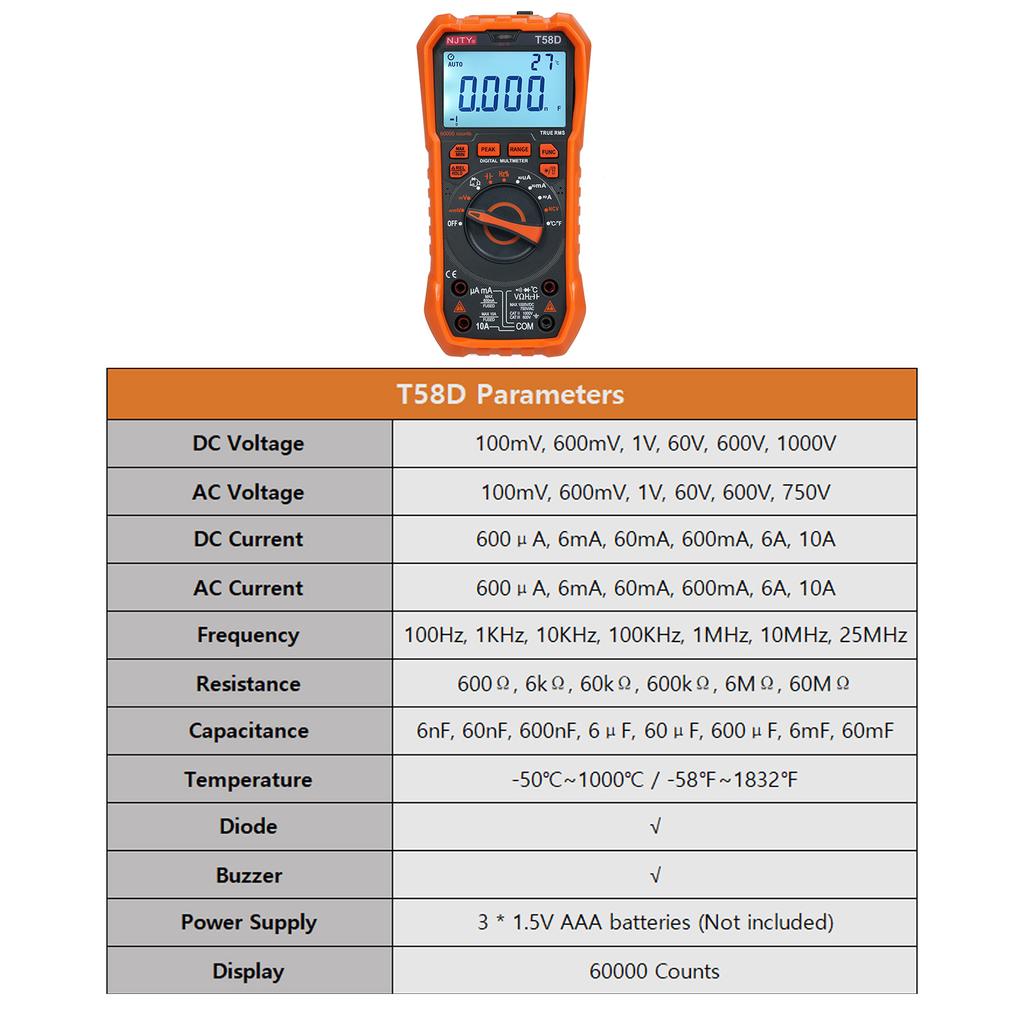 Multimetru Digital NJTY T58D 60000 Numărări Multimetru ACDC Voltmetru Capacitate Profesional