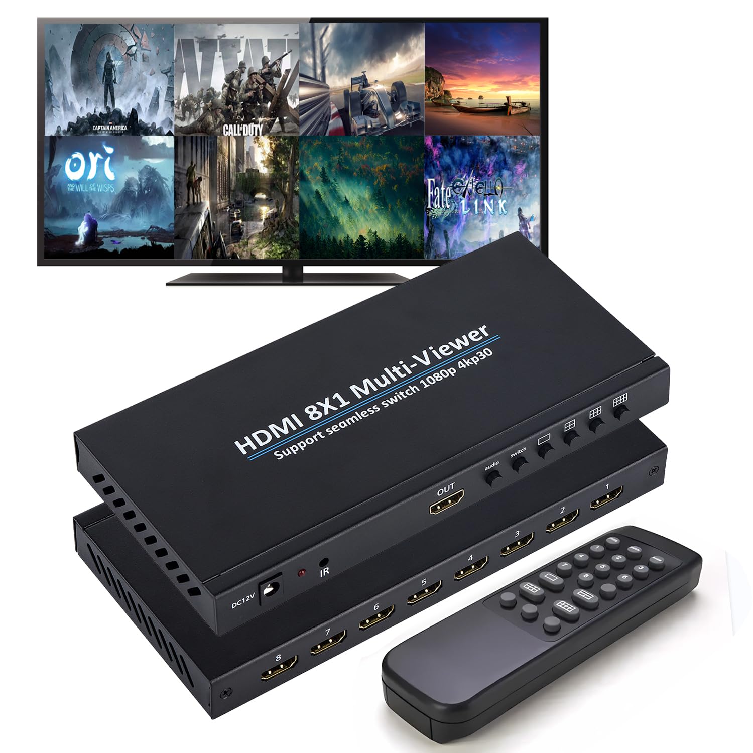 

HDMI screen switcher 8x1 1080p HDMI split screen switcher 8 inputs 1 output 4K 30Hz screen switcher HDMI 8 screens simultaneous display HDMI screen