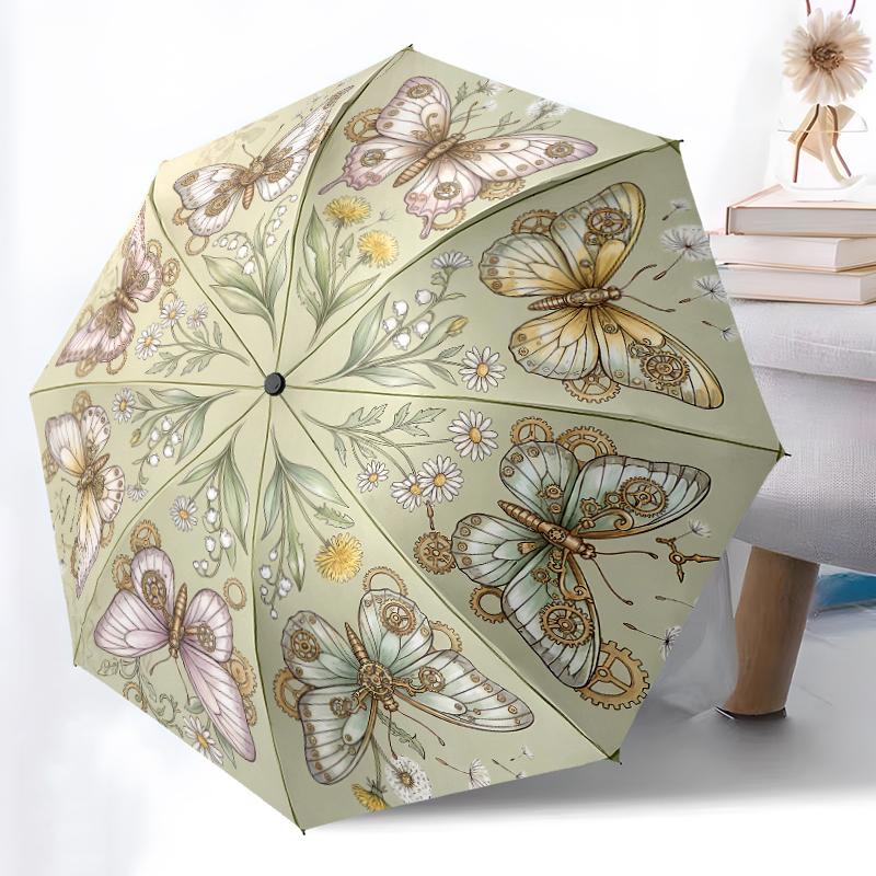 1pc Sturdy 8-Bone Auto Umbrella, Elegant Pink Butterfly Golden Butterflies Umbrella, Digital Printed, Foldable Umbrella for On-the-Go Outdoor Use