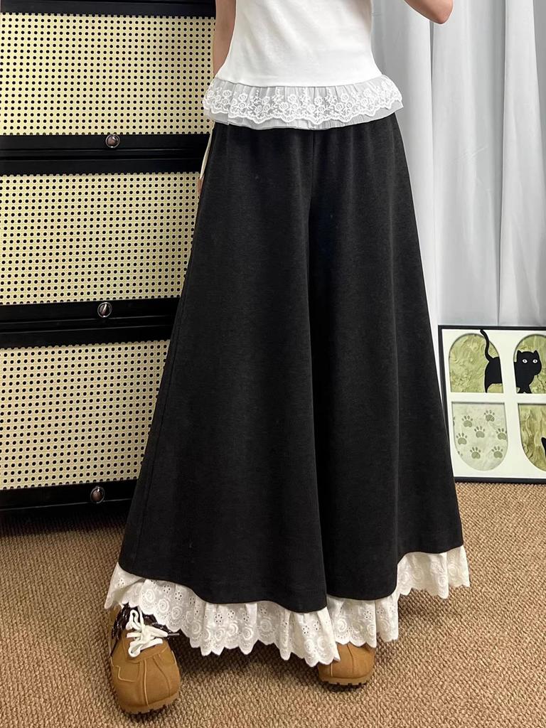 Plus Size Women's Elastic Waist Lace Ruffle Skirt Pants - Slimming, Loose, Wide-Leg, Versatile Fashion.
