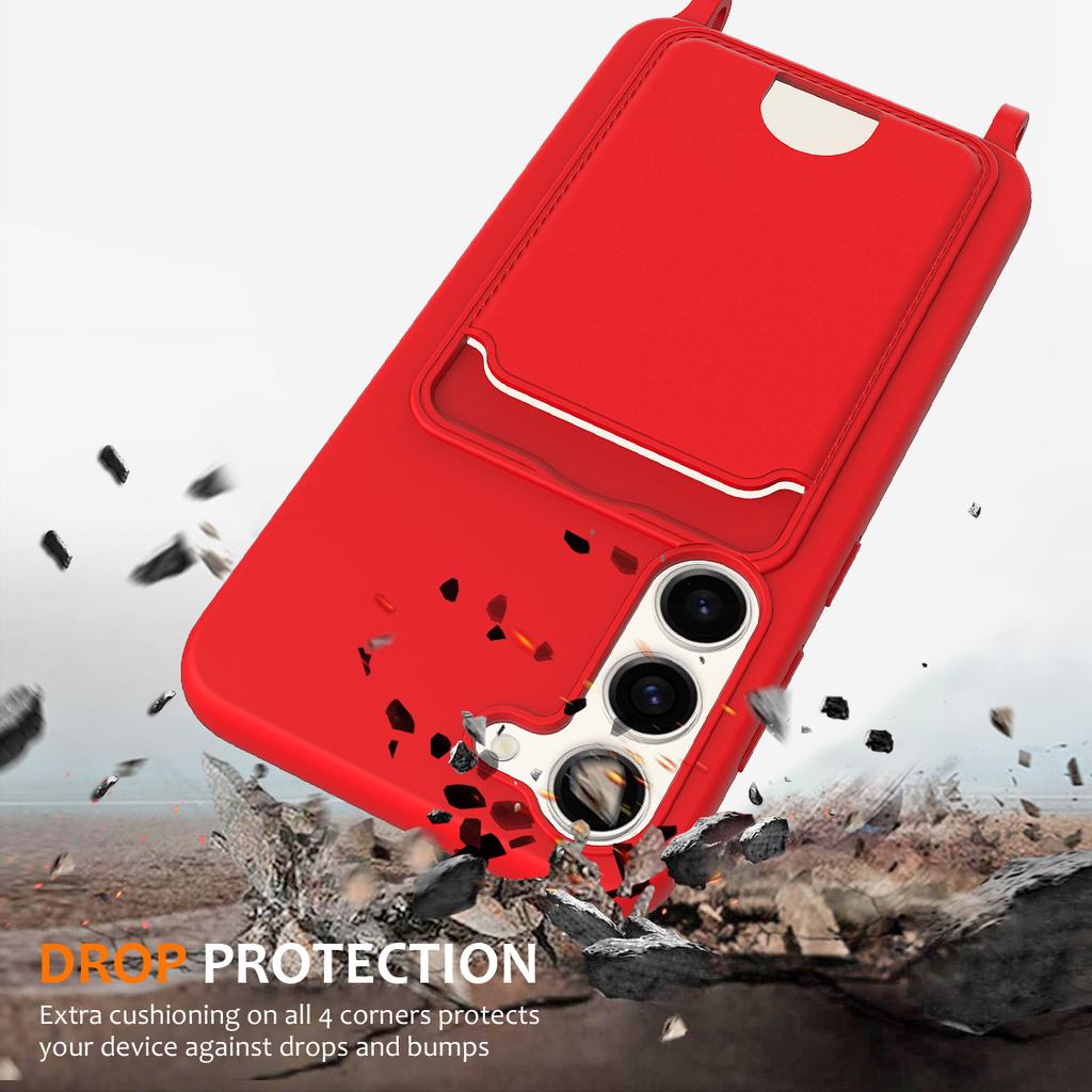 For Samsung Galaxy S23+ Case Liquid Silicone Card Holder Phone Back Cover with Lanyard