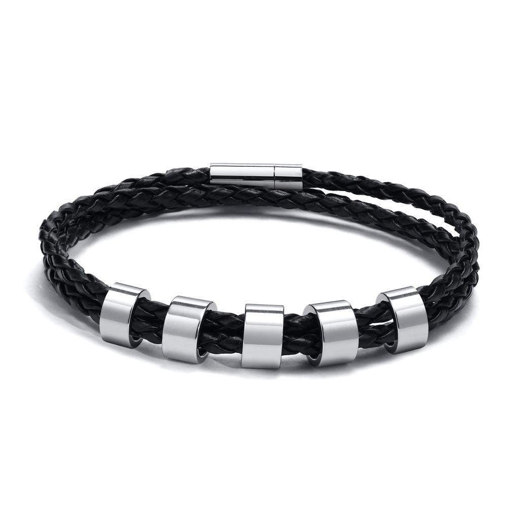 Vnox Free Custom Name Mens Braided Genuine Leather Bracelet Gifts Jewelry,Stainless Steel Beads Charm with Family Names,Dad Gift