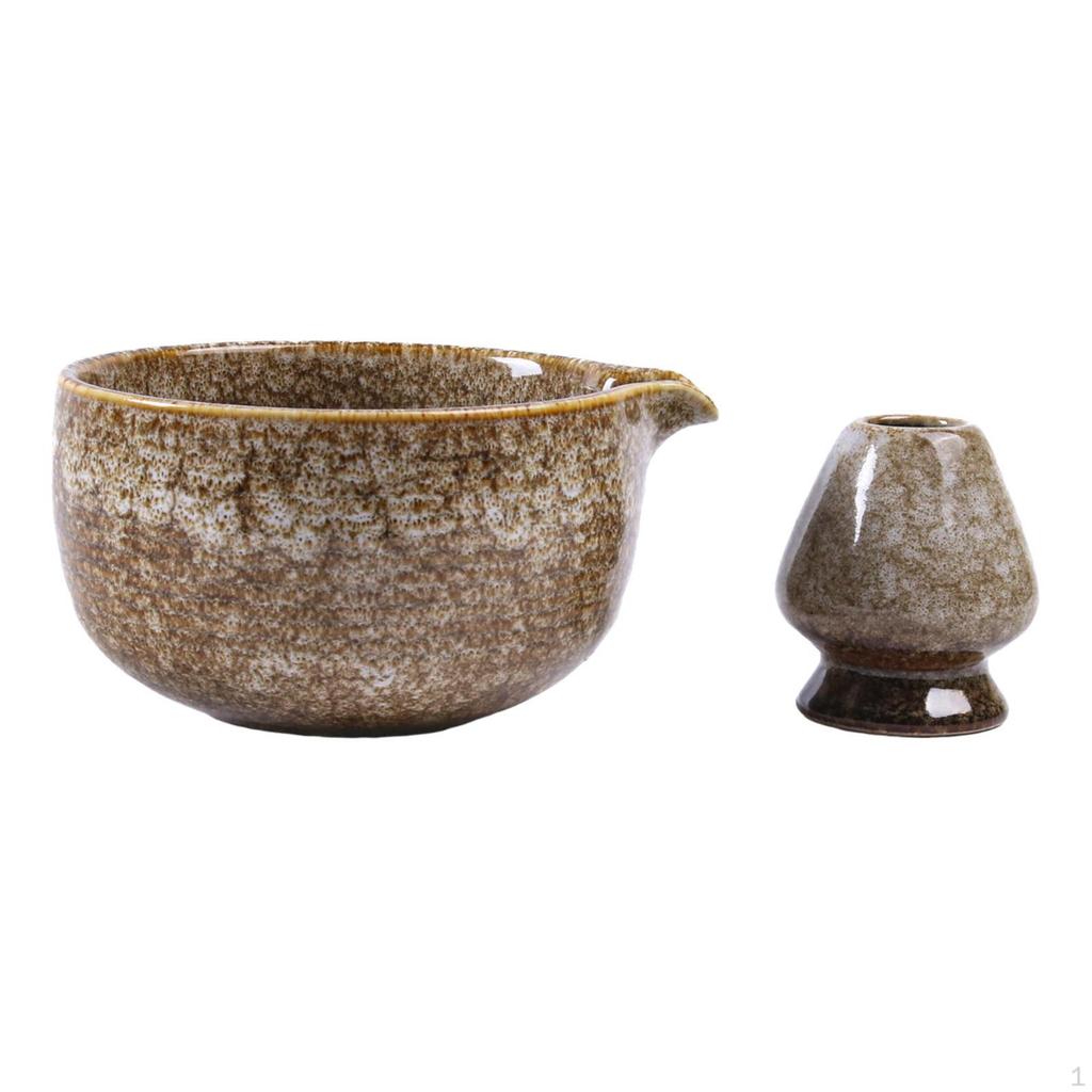 Ceramic Matcha Bowl Tea Set, Whisk Holder Glazed Handmade Traditional with Pouring Spout,