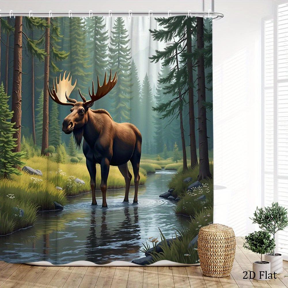 Moose In Forest Stream Shower Curtain Wild Animal And Pine Trees Print Polyester Bath Curtain With 12 Hooks For Nature Decor