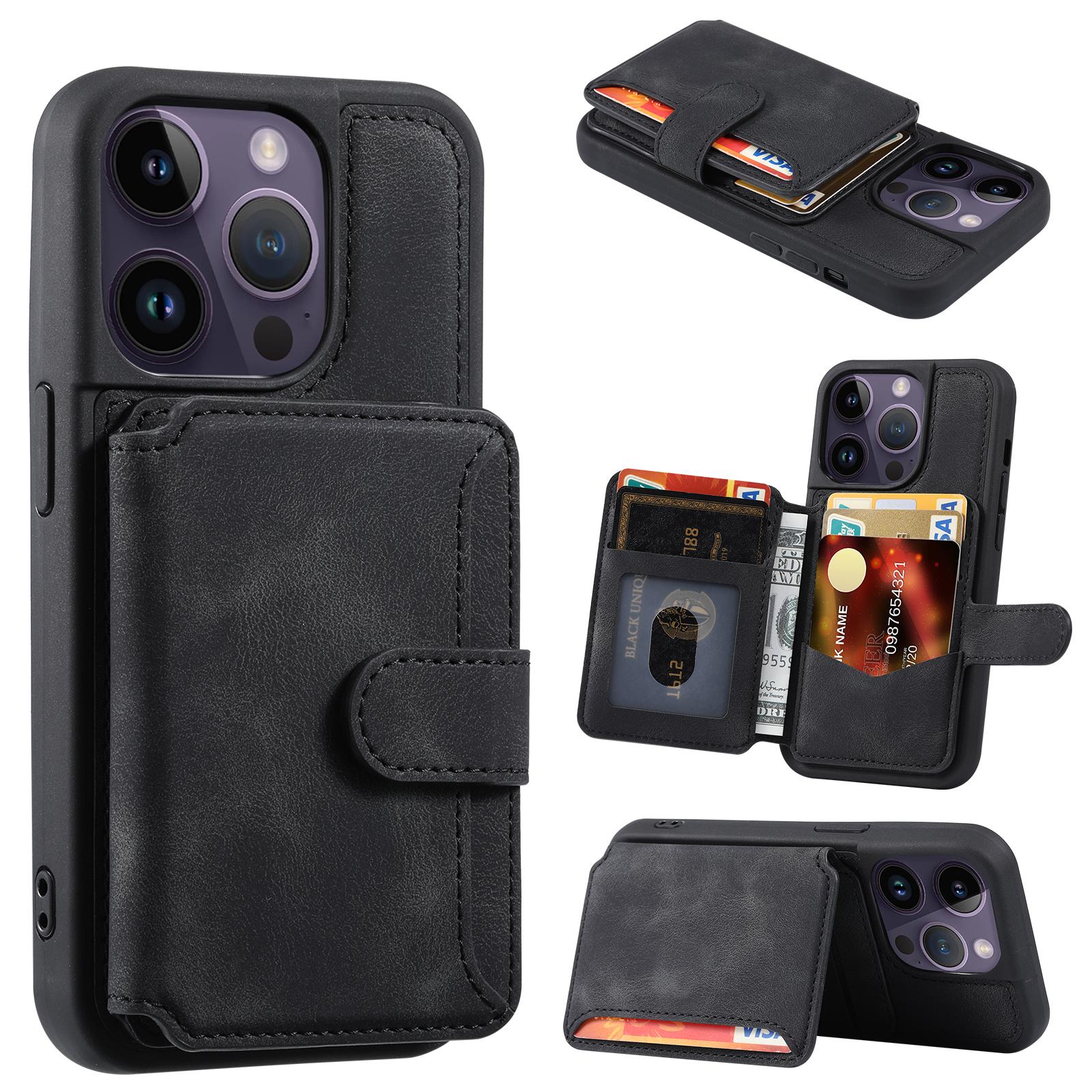 

For iPhone 15 Pro Max Leather Coated TPU Phone Case RFID Blocking Wallet Anti-fall Cover with Kickstand Black