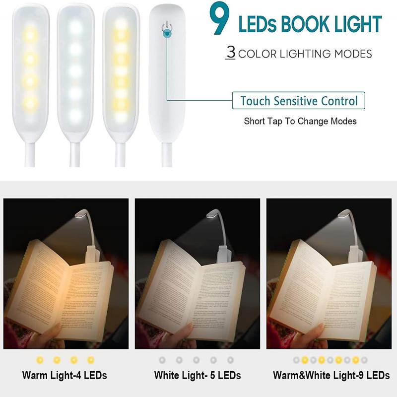 LED-Leselampe, Wiederaufladbare Leselampe in 3 Helligkeitsstufen (kaltes Weiß/warmes Gelb), Stufenlos dimmbares Leselicht für Buch Schwarz