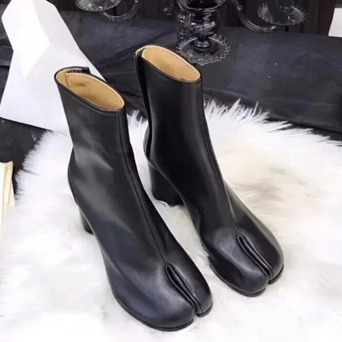 Fashion Luxury Brand Design Leather Tabi Boots Fashion Round Chunky High Heel Ankle Boots For Women Autumn Winter Split Toe Shoes