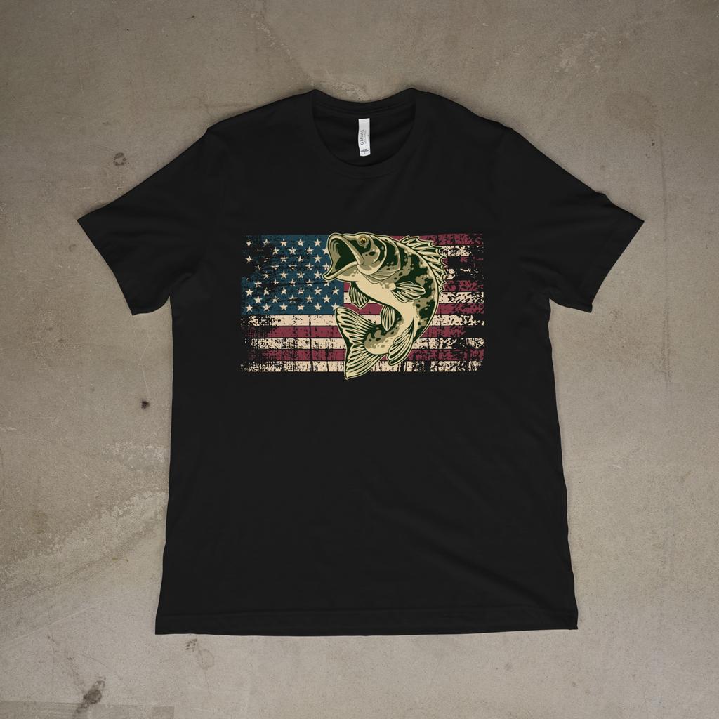Camo Bass Fishing Shirt American Flag Patriotic Fisherman Gift Tee