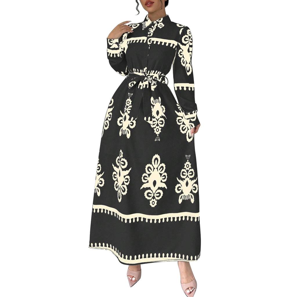 Women's Long Sleeve Lapel Button Printed Bodycon Sexy Nightclub Party Belted Dress
