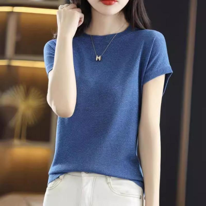 Women's Knitted Short Sleeved T-shirt Loose Ice Silk T-shirt Bright Silk Breathable Shirt
