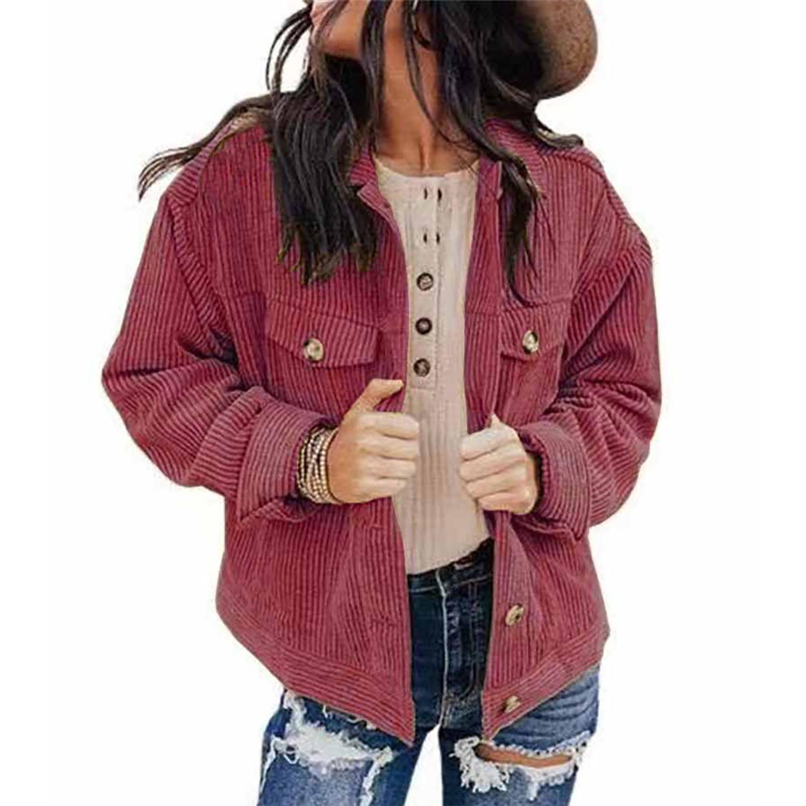 

Женская и зимняя свободная вельветовая куртка-рубашка с лацканами и двойными карманами, с длинными рукавами L винный