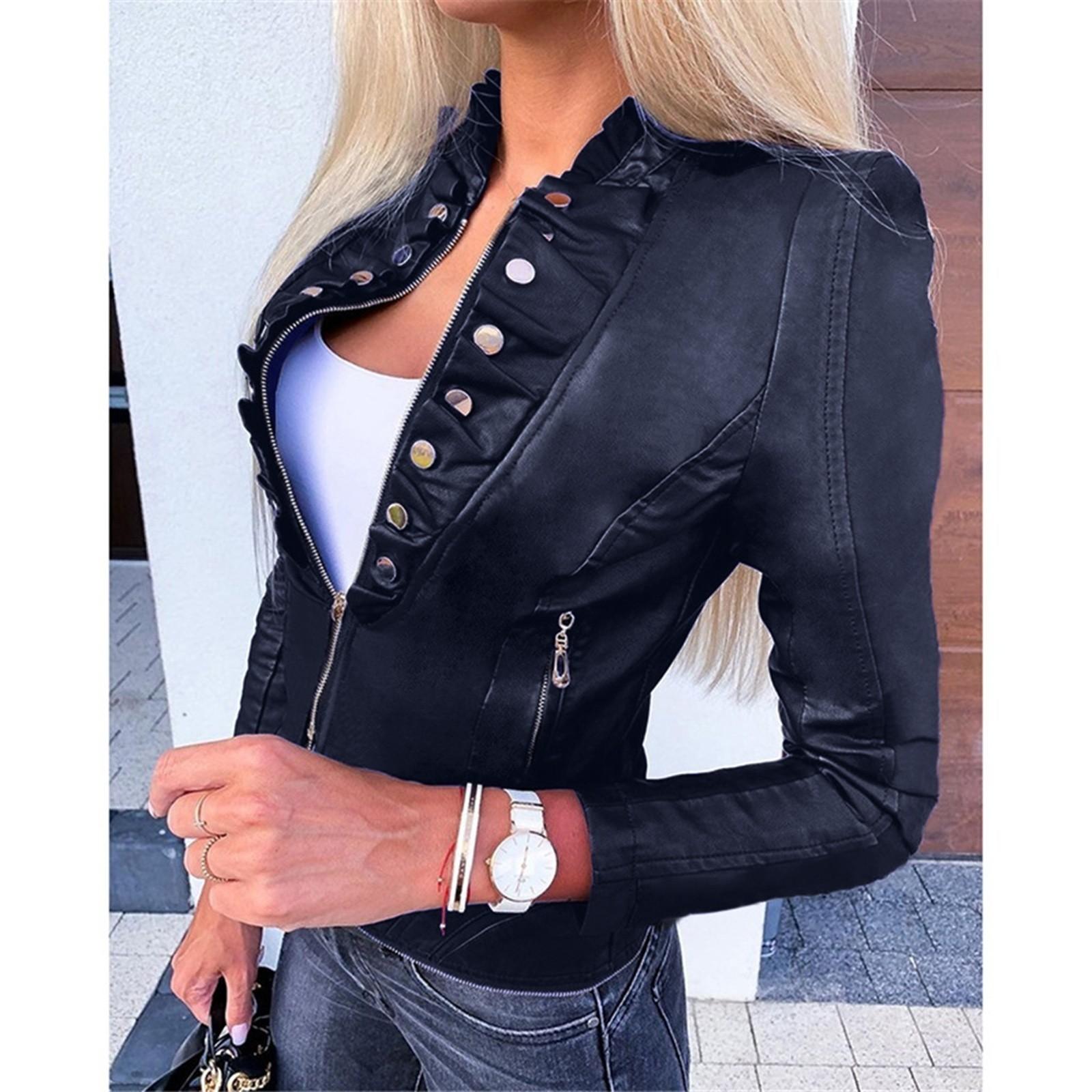 

Женская крутая куртка из искусственной кожи с длинным рукавом на молнии, осенняя короткая куртка L