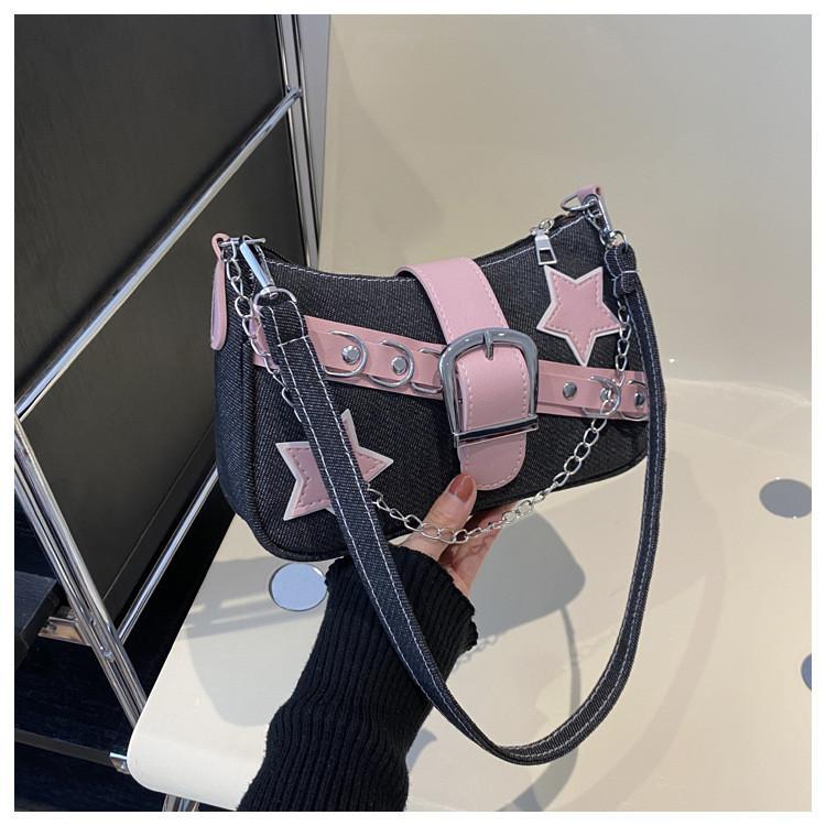2024 Women's Spring Korean Style Armpit Bag Street Chic Denim Shoulder Bag Casual Small Square Bag Trendy Chain Bag Black