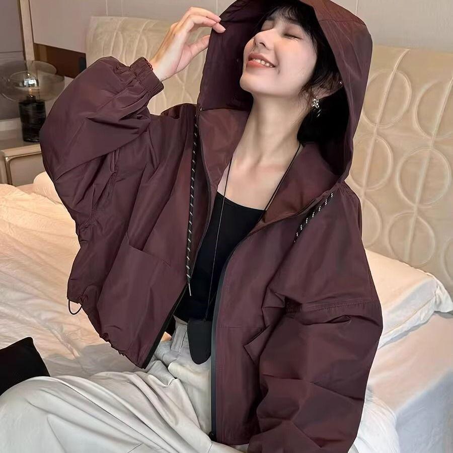 Women's Drawstring Hooded Windbreaker Jacket Early Autumn Loose Trendy Top for Women