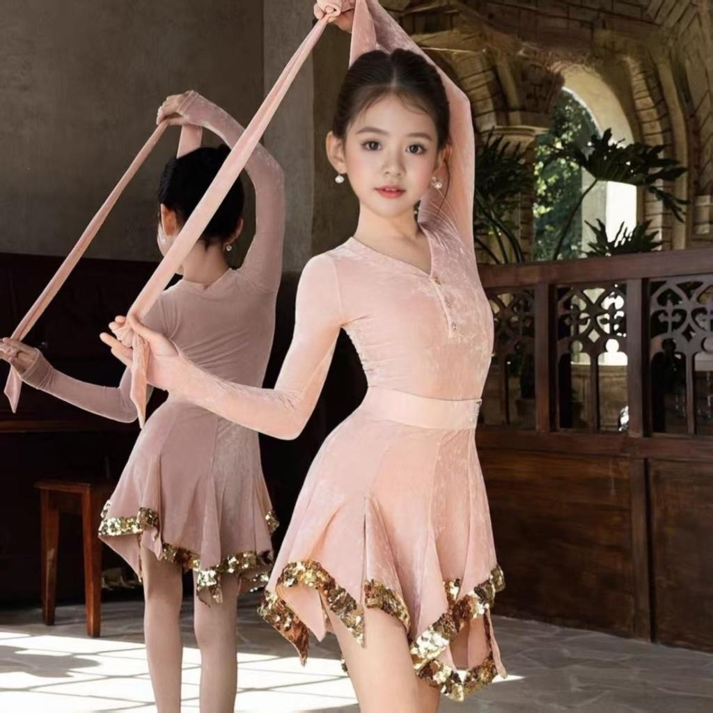 Latin dance clothing women latin american dance dress pink long sleeve girl stage costume velvet line dance clothing dance wear