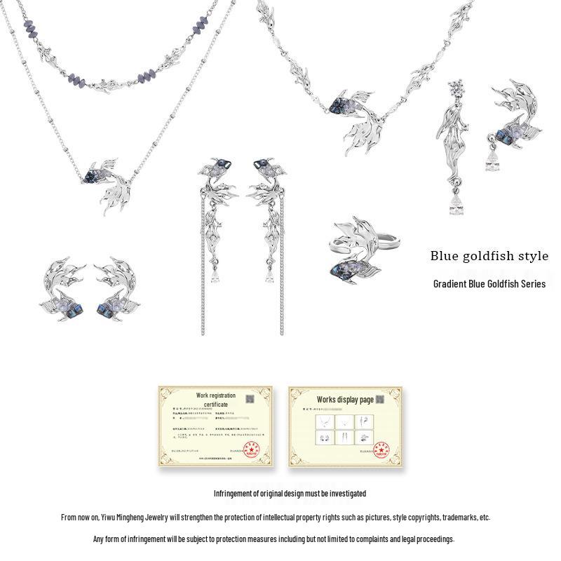 Cool-Toned Blue Gradient Goldfish Earrings - Korean Style, High-End, Fresh, Unique Fashion