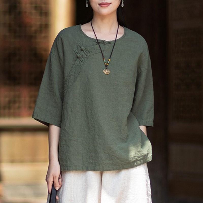 Johnature Women Vintage T-Shirts Summer Chinese Style Solid Color Loose O-Neck Seven Sleeve T-Shirts