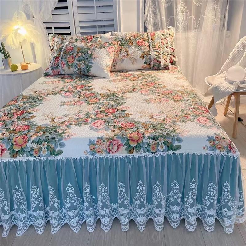 Luxury American Floral Bedding 100% Cotton Quilted Lace Ruffles Bed Skirt Mattress Cover Bedspread Pillowcases Nordic Size 1/3Pc