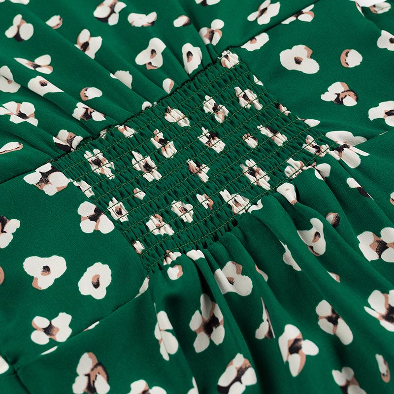 2024 Winter Women's European & American V-Neck Waist-Gathering Short-Sleeve Printed Dress