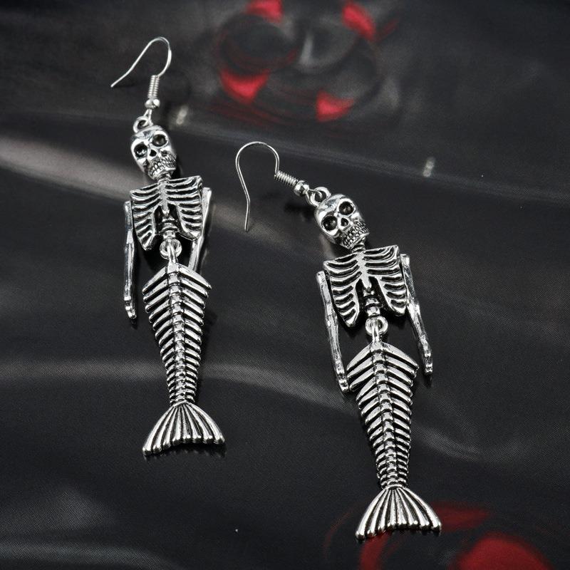 Halloween Gothic Skull Necklace Punk Skull Jewelry Mermaid Skull Fish Tail Pendant Punk Fashion Necklace Earring Keychain Gift