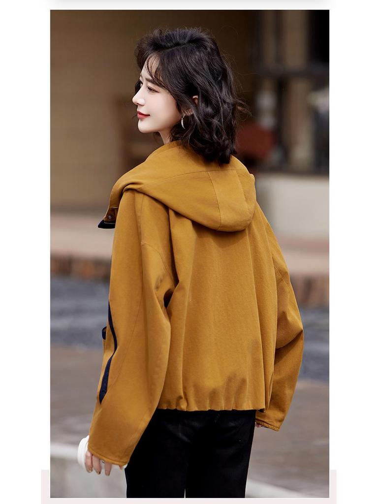 2025 Spring Women's Color Block Hooded Twill Cotton Jacket GE2513