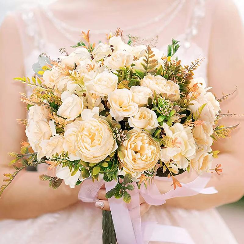 Artificial Flowers Champagne Color Artificial Peony Fake Peonies Bouquet Rose Flower Wedding Brial Fake Bouquet Home Decoration