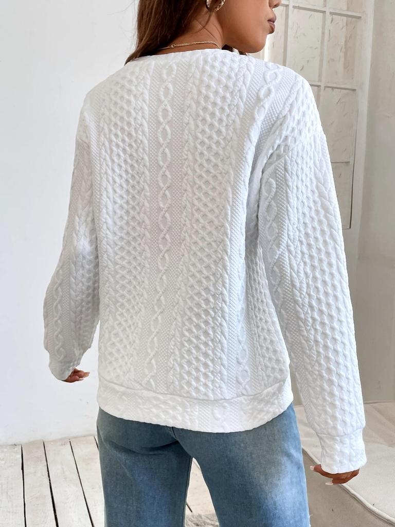 2025 Spring & Autumn Women's Loose Solid Color Textured Sweatshirt - Versatile Drop Shoulder Design