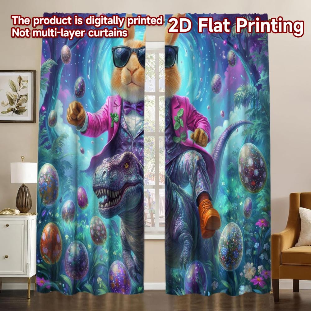 2D плоская печать 2 шт. Занавески для окна на Рамадан Пасхальный Кролик Ездит на Динозавре Машинная стирка Ткань Без Электричества 100*130 HOOK 1pcs