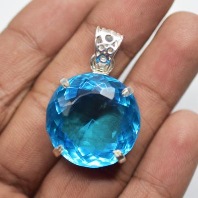 925 Sterling Silver Natural Blue Topaz Pendant Round 60.80 Ct Gemstone CERTIFIED My-385-k