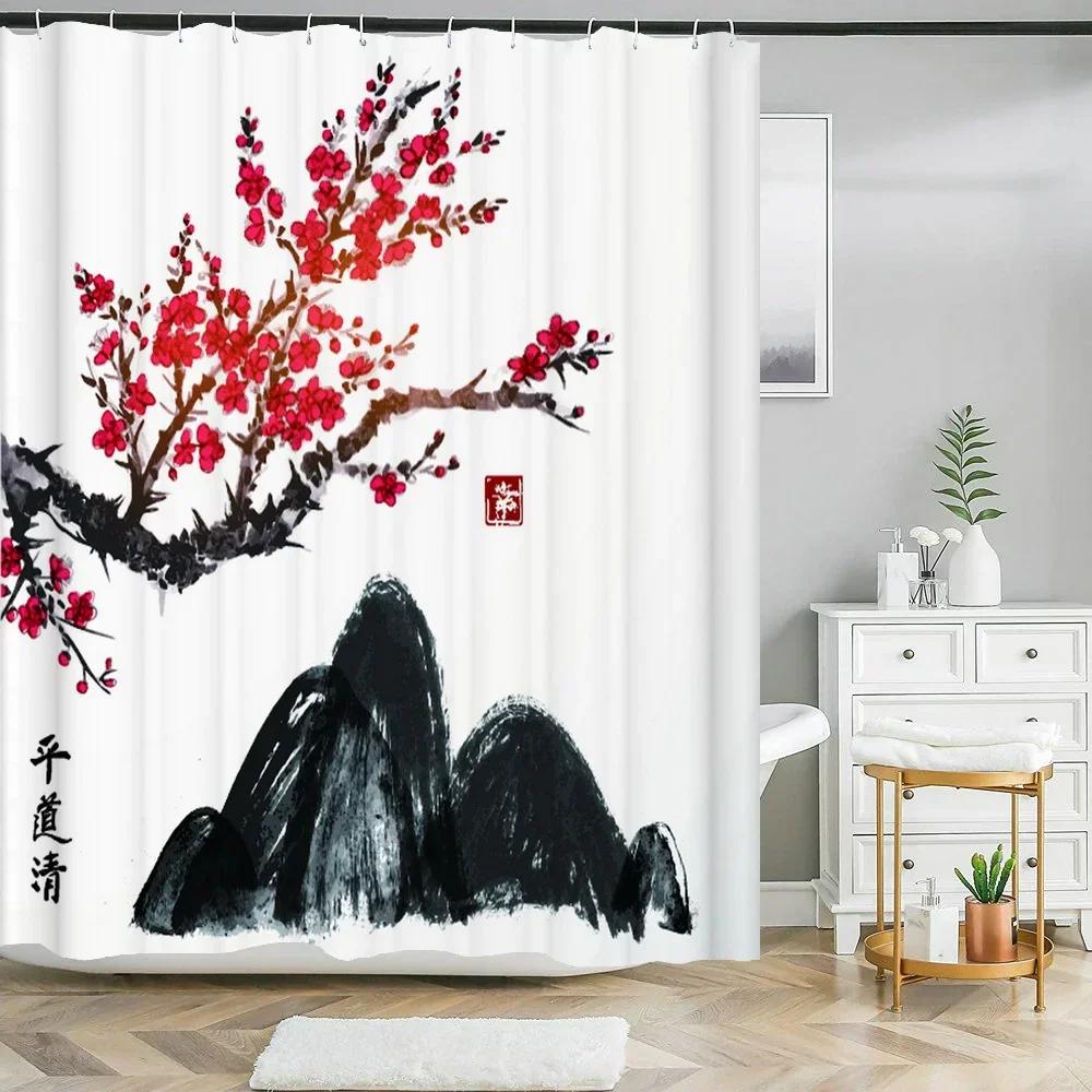 

Цветы в японском стиле Занавески для душа с цветущей сливой Занавеска для ванной комнаты Тканевая Водонепроницаемая Полиэстеровая Занавеска для ванной с крючками 90X180cm