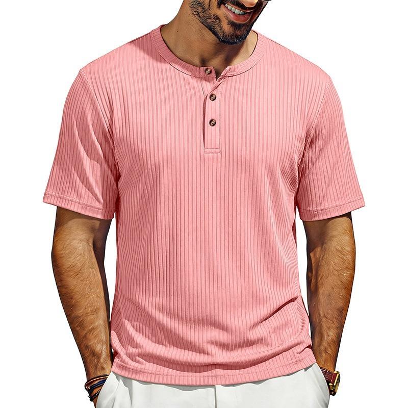 Men Retro Casual Ribbed Henley Short Sleeve Sports T Shirt