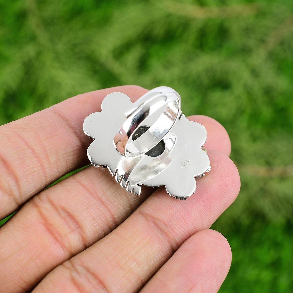 925 Silver Natural Labradorite Rough Stackable Flower Adjustable Ring