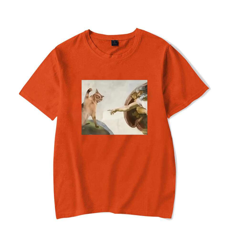 Lustiges Katzen Gott Adam Schöpfung Meme Muster Unisex Damen T-Shirt Lässig Kurzarm Jesus Bild Unisex T-Shirt Rundhals Tee Tops