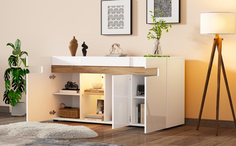 Modernes 3-türiges Sideboard, LED-Lichtsteuerung, App-Steuerung, 140x40x70 cm Hochglanz Wohnzimmermöbel, Weiß mit Glasboden, Aufbewahrungsschrank