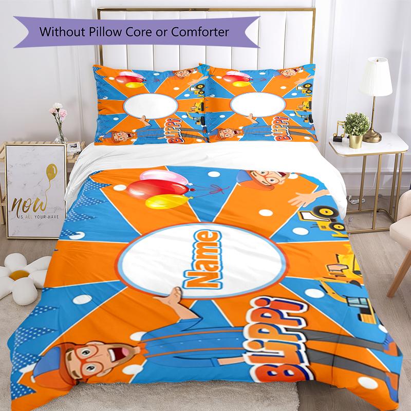 3pcs Custom Name Blippi Bedding Set Duvet Cover Closure Includes 1 Duvet Cover & 2 Pillowcases, Soft and Comfortable for All Seasons.
