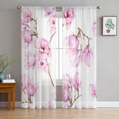 Pink Flowers Orchid Branches Sheer Curtains Tulle for Living Room Bedroom Kitchen Voile Drapes Home Decoration Window Treatment