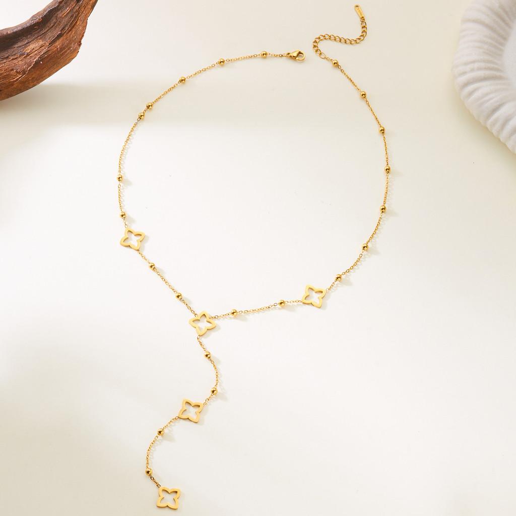 Geometric Four Leaf Clover Necklace With Stainless Steel Chain And Music Note Element For Daily Fashion