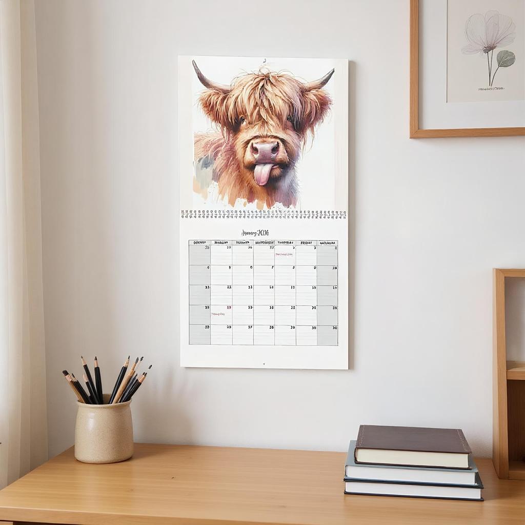 2026 Calendar Funny Highland Cow Wall Calendar Thick Paper 12 Monthly Planner Farmhouse Decor for Student Teacher Planning