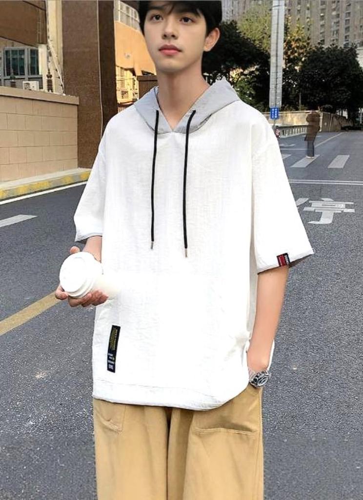 with cut and short big big big room [NEKORA] Hoodie, T-shirt hood, top, sew, sleeve, spring, summer, pullover, stylish, thin, men's T-shirt, t,