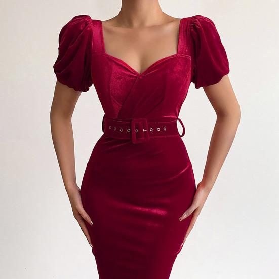 Square Neck Belt Waist Tight Party Dress Solid Color Puff Short Sleeve Holiday Dress Female Clothes