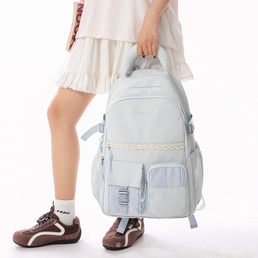Schoolbag Backpack Female Middle School Student Korean Version Versatile Class Backpack Sweet Girl Simple Casual Lace High School Student School Bag