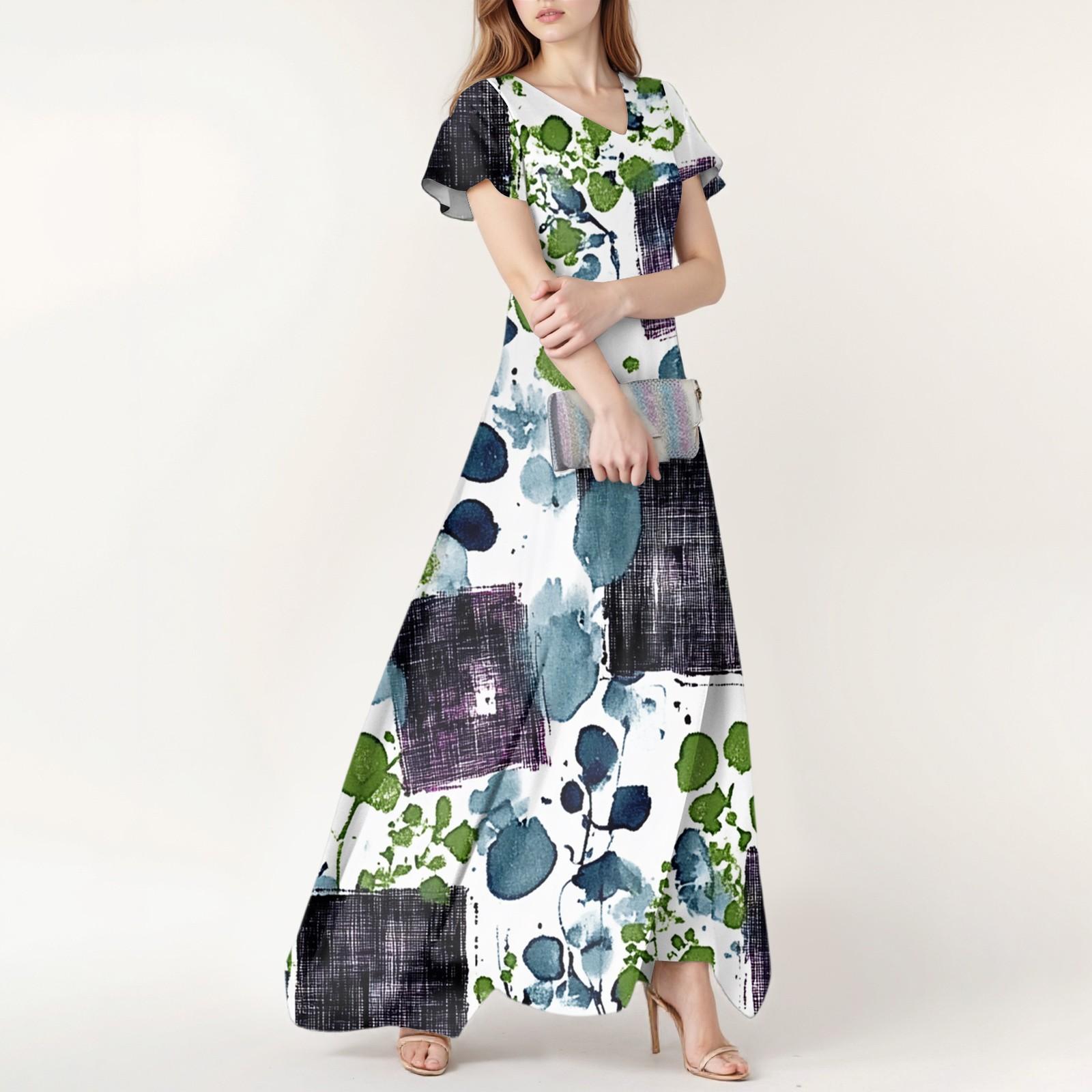 

Женское весенне-летнее повседневное модное платье с цветочным принтом и коротким рукавом, V-образный вырез M